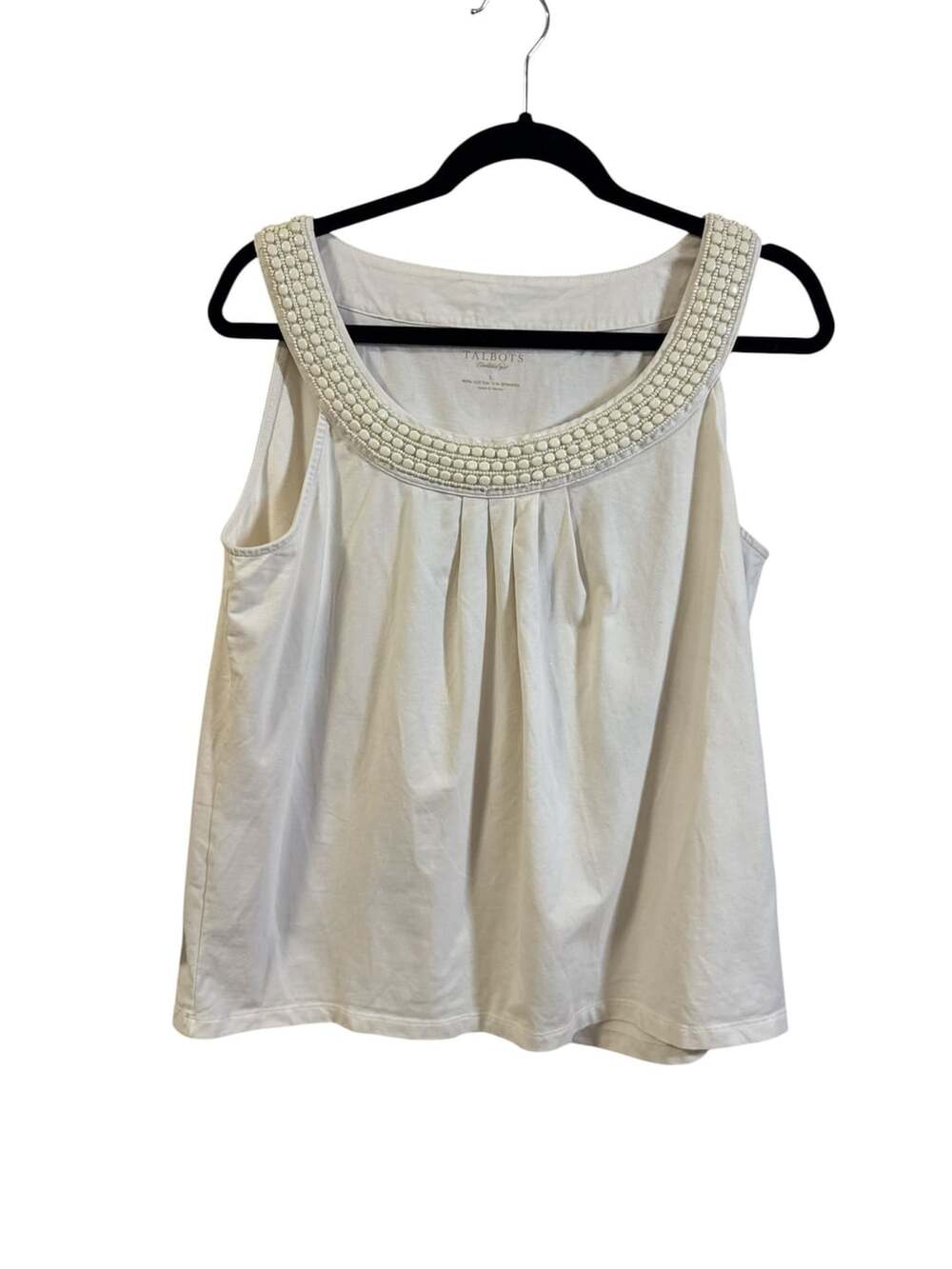 Talbots Beaded Neckline Tank Top Size L White Pleated Cotton Spandex